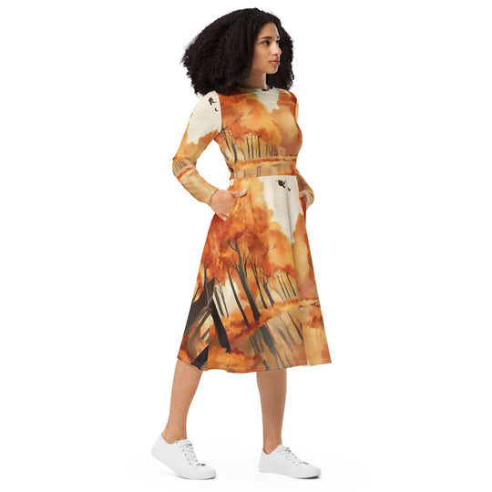 All-over print long sleeve midi dress - WhatUWant2Buy