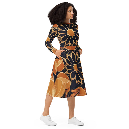 All-over print long sleeve midi dress - WhatUWant2Buy