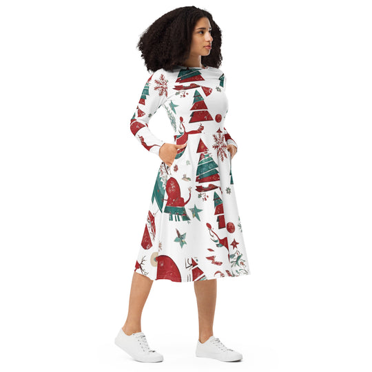 All-over print long sleeve midi dress - WhatUWant2Buy
