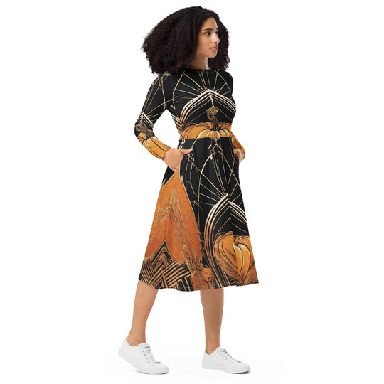 All-over print long sleeve midi dress - WhatUWant2Buy