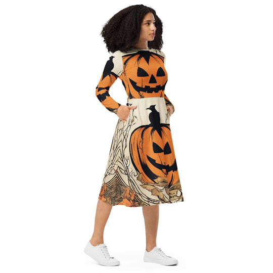 All-over print long sleeve midi dress - WhatUWant2Buy