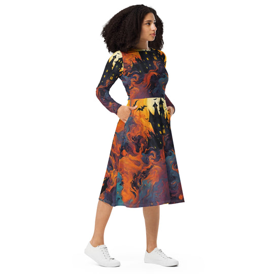 All-over print long sleeve midi dress - WhatUWant2Buy