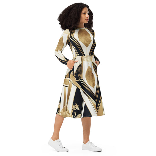 All-over print long sleeve midi dress - WhatUWant2Buy