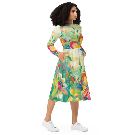 All-over print long sleeve midi dress - WhatUWant2Buy