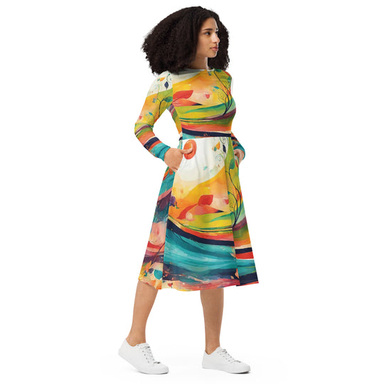 All-over print long sleeve midi dress - WhatUWant2Buy
