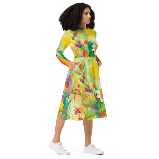 All-over print long sleeve midi dress - WhatUWant2Buy