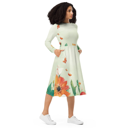 All-over print long sleeve midi dress - WhatUWant2Buy