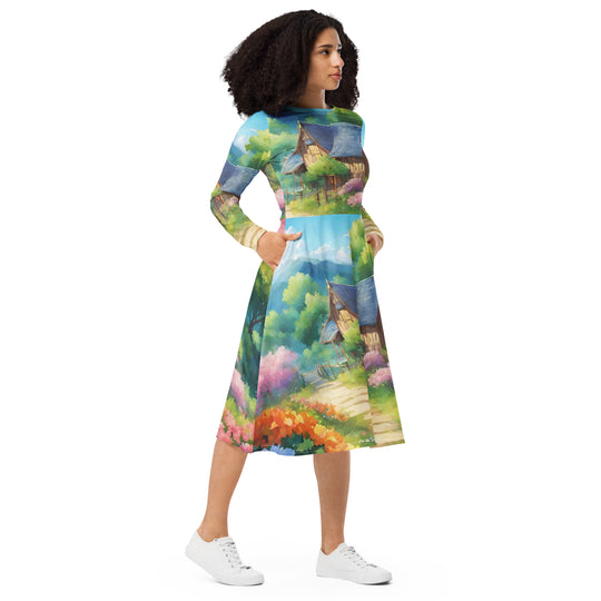All-over print long sleeve midi dress - WhatUWant2Buy