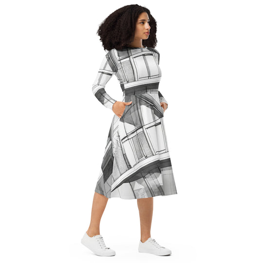 All-over print long sleeve midi dress - WhatUWant2Buy