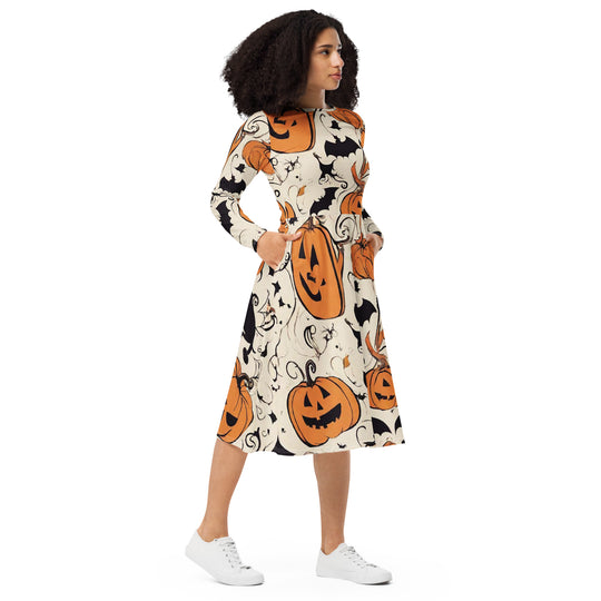 All-over print long sleeve midi dress - WhatUWant2Buy