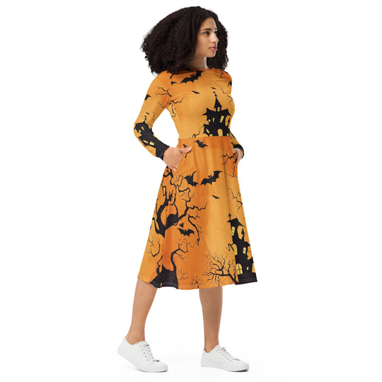 All-over print long sleeve midi dress - WhatUWant2Buy