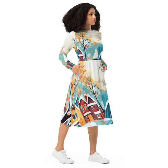 All-over print long sleeve midi dress - WhatUWant2Buy