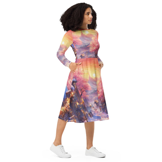 All-over print long sleeve midi dress - WhatUWant2Buy