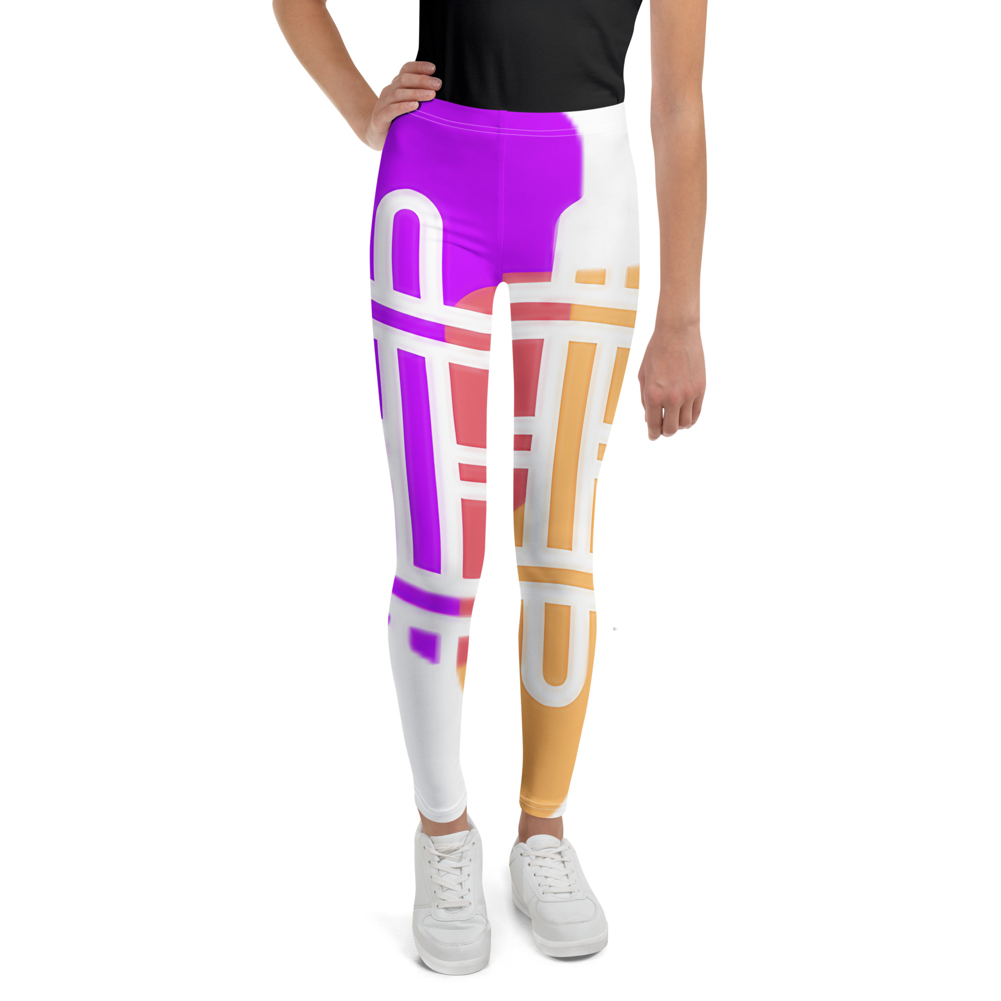 WhatUWant2Buy Logo Youth Leggings — AI-Designed Teen Leggings — front view showing WhatUWant2Buy logo all-over print on white leggings
