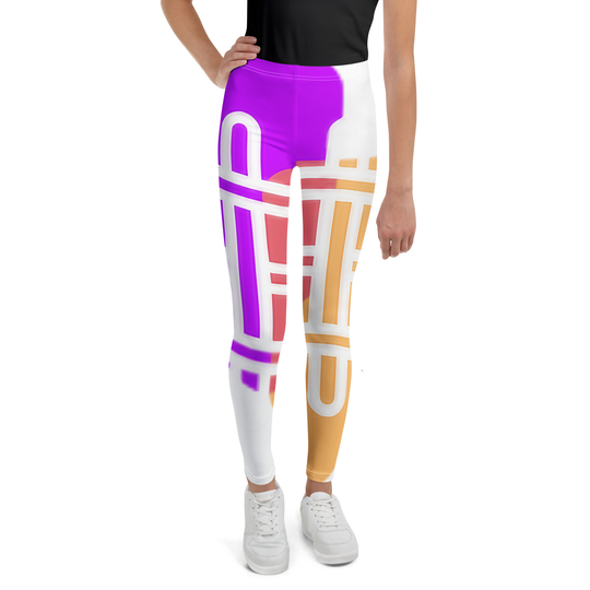 WhatUWant2Buy Logo Youth Leggings — AI-Designed Teen Leggings — front view showing WhatUWant2Buy logo all-over print on white leggings