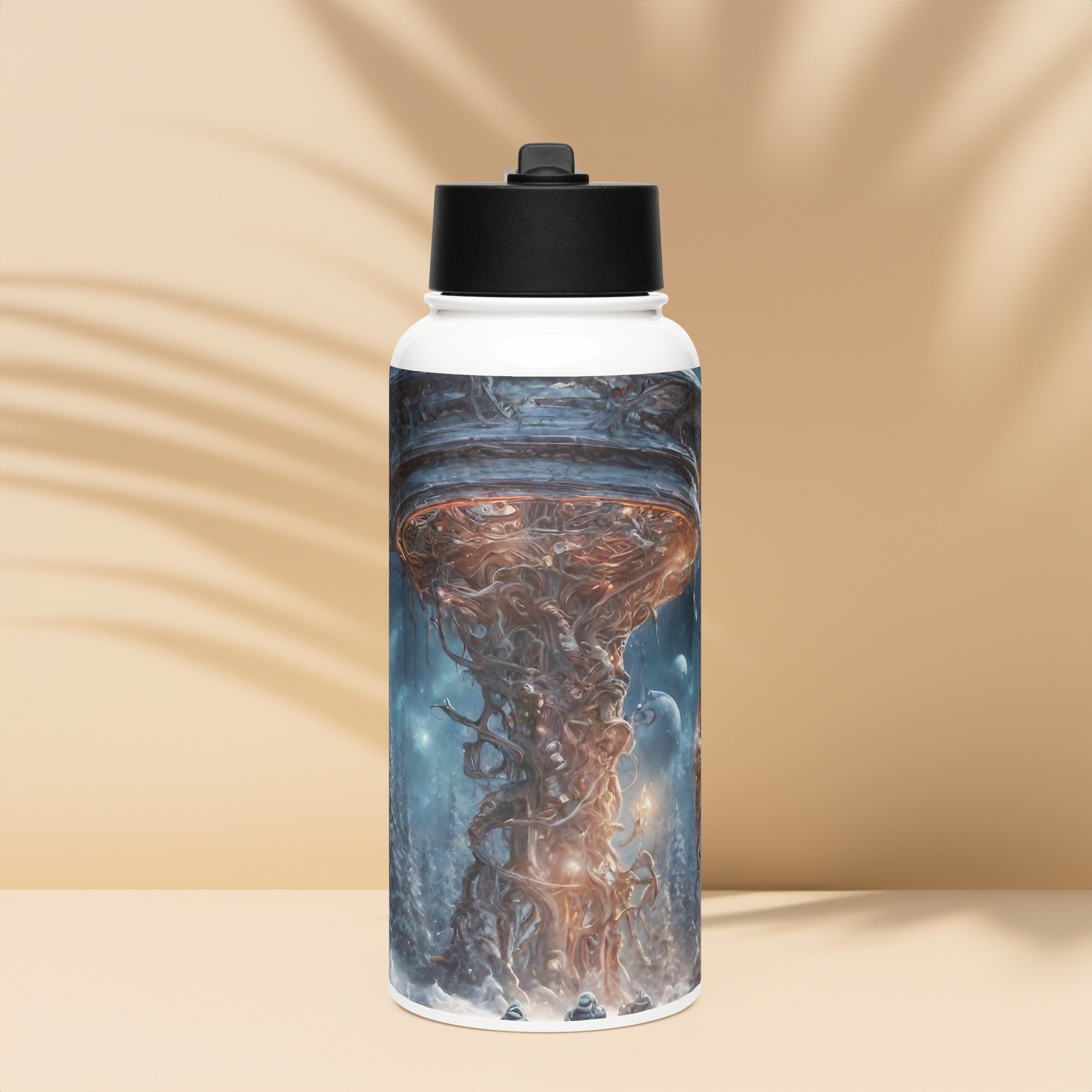 Alien Landscape Water Bottle — Christmas Collection — front view showing otherworldly alien landscape festive print