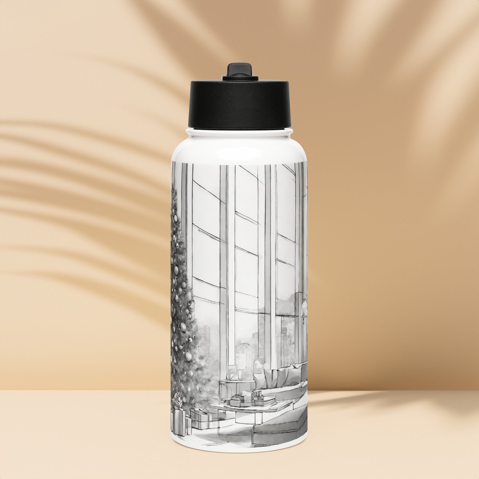 Architectural Water Bottle — Christmas Collection — front view showing geometric architectural festive print