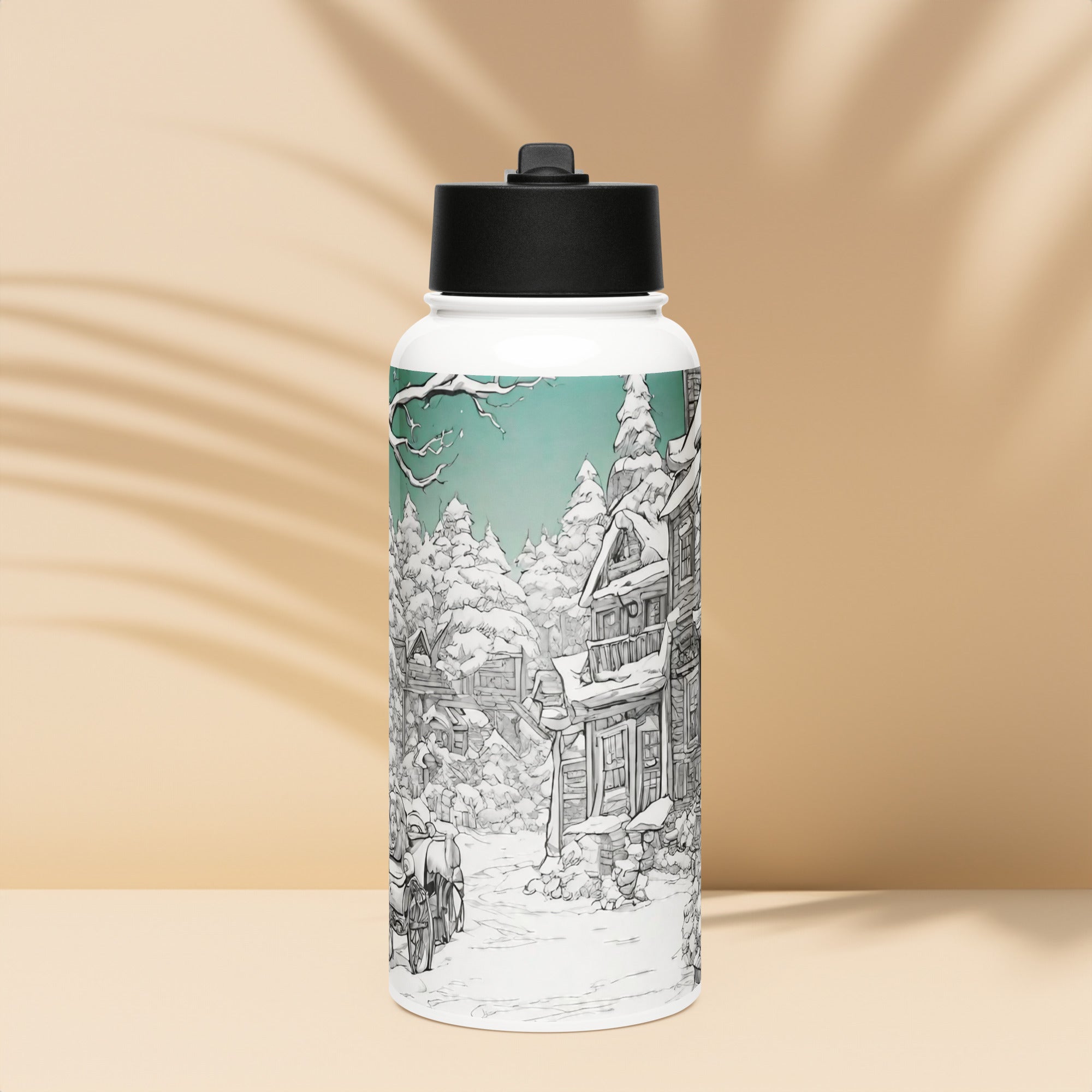 Comic Art Water Bottle — Christmas Edition — front view showing bold comic art festive print