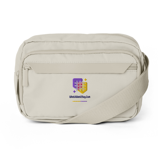 WhatUWant2Buy Logo Crossbody Bag — AI-Designed for Hands-Free Style — front view showing WhatUWant2Buy logo print